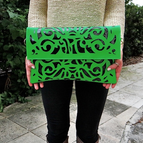 Handbags - Green Laser Cut Clutch with Strap